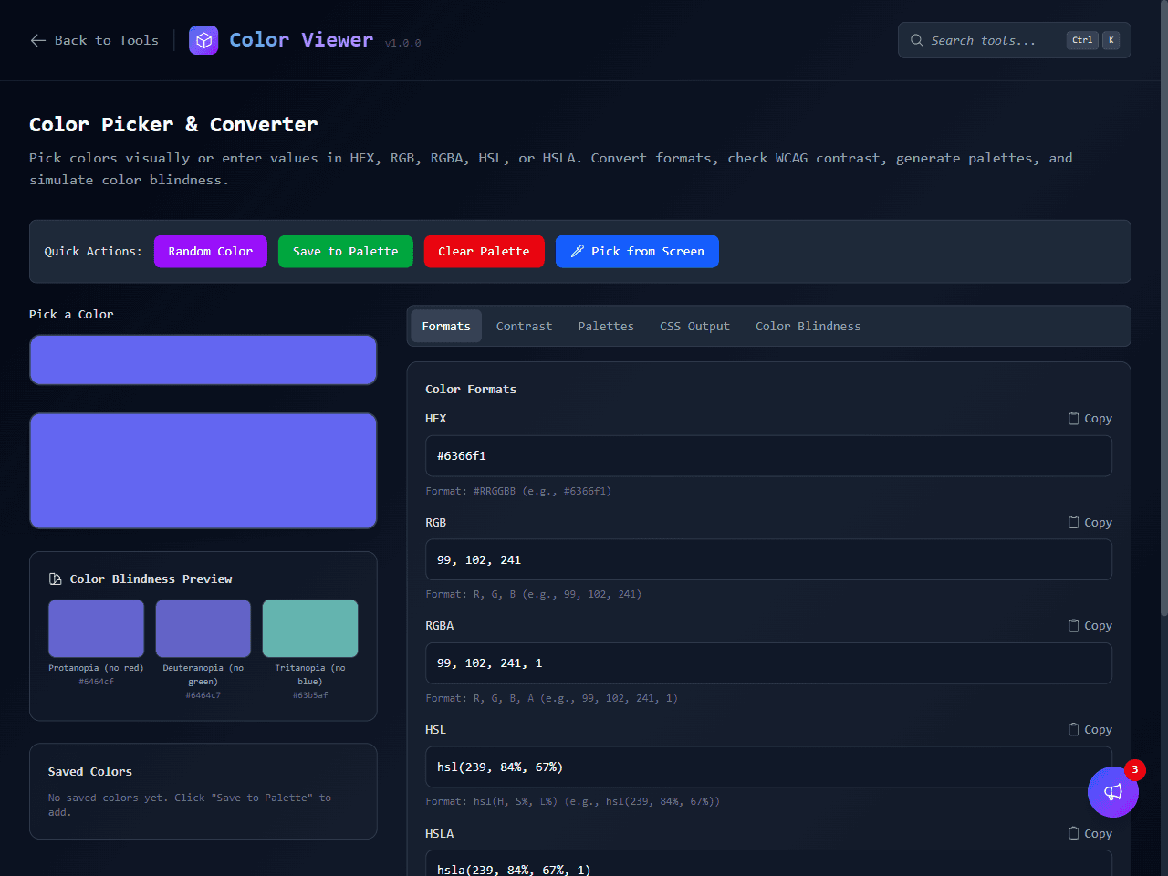 DevKit's Color Viewer tool, showing format conversion and a color blindness preview