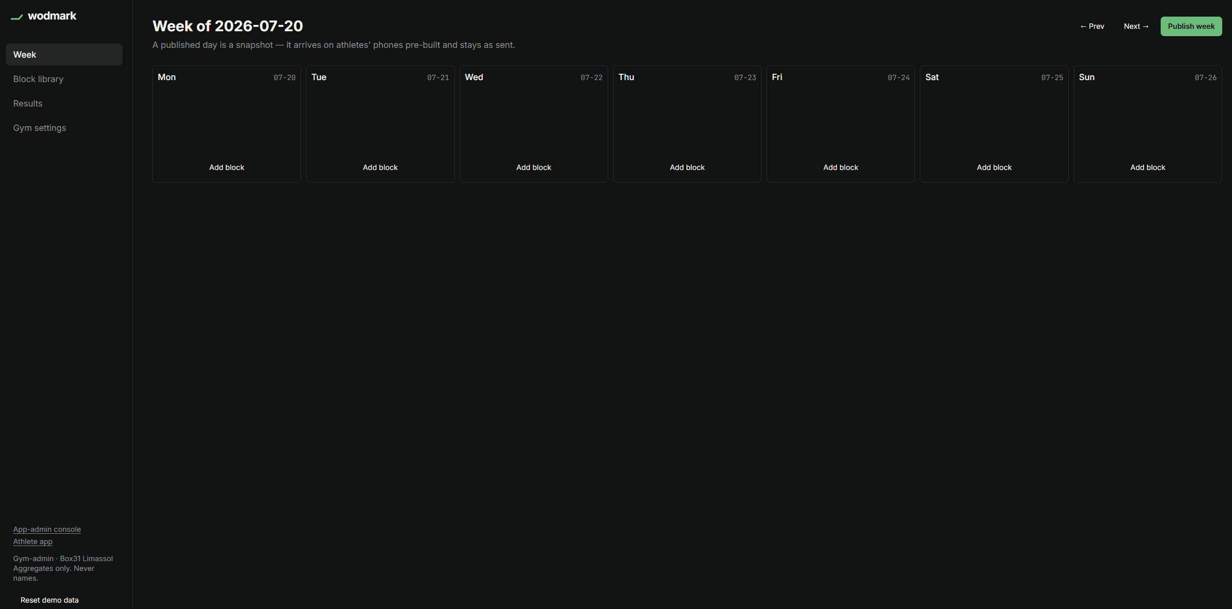 Shokunin's gym-admin week view, authoring blocks for each day